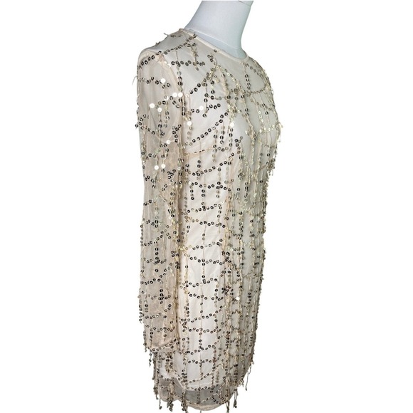 Gold‎ Sequin Fringe Mini Dress Nude Lined Party Night Out Size 6 - Picture 2 of 9